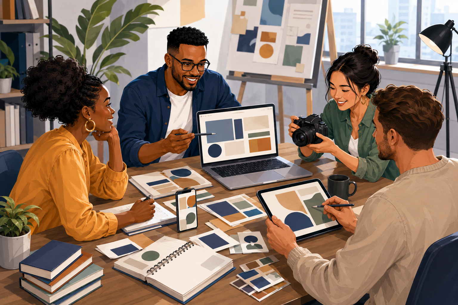 Text-free multiracial cartoon illustration of author website design, digital content marketing and sales platform creation
