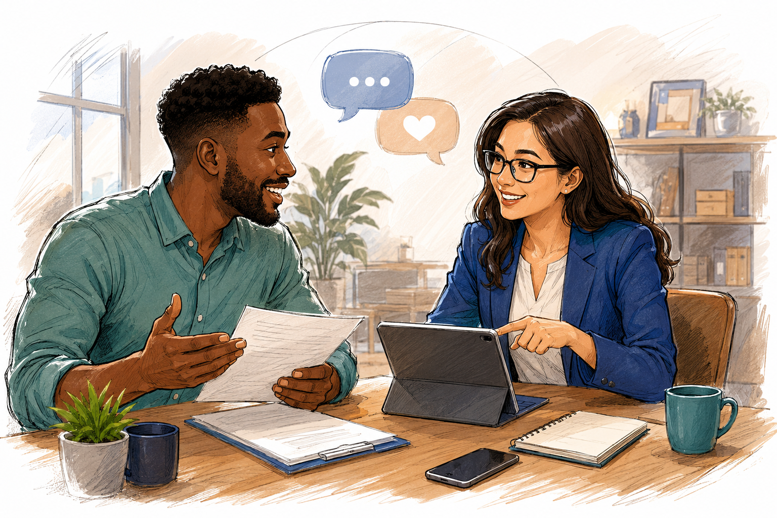 Text-free multiracial cartoon illustration of a friendly project consultation and client follow-up discussion