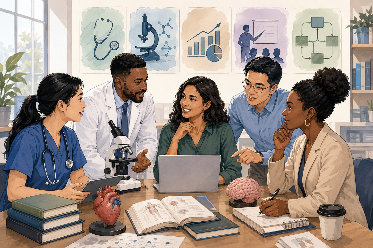 Text-free multiracial cartoon illustration of clinical research compliance, ethics, evidence and implementation readiness