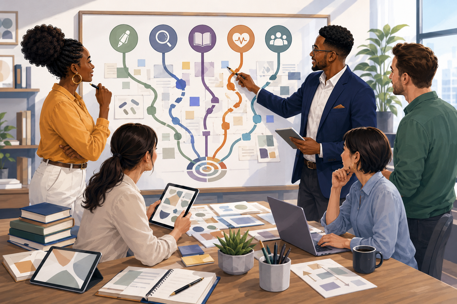 Text-free multiracial cartoon illustration of guided service navigation, decision paths and project strategy