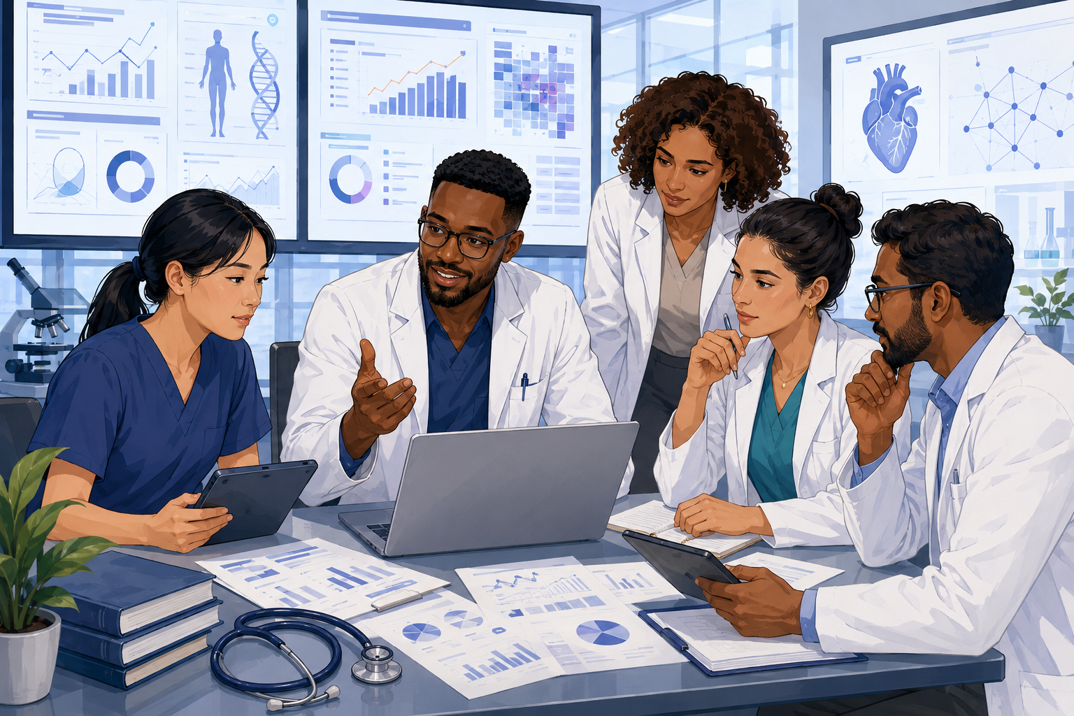 Text-free multiracial cartoon illustration of digital health research, analytics and clinical strategy teamwork
