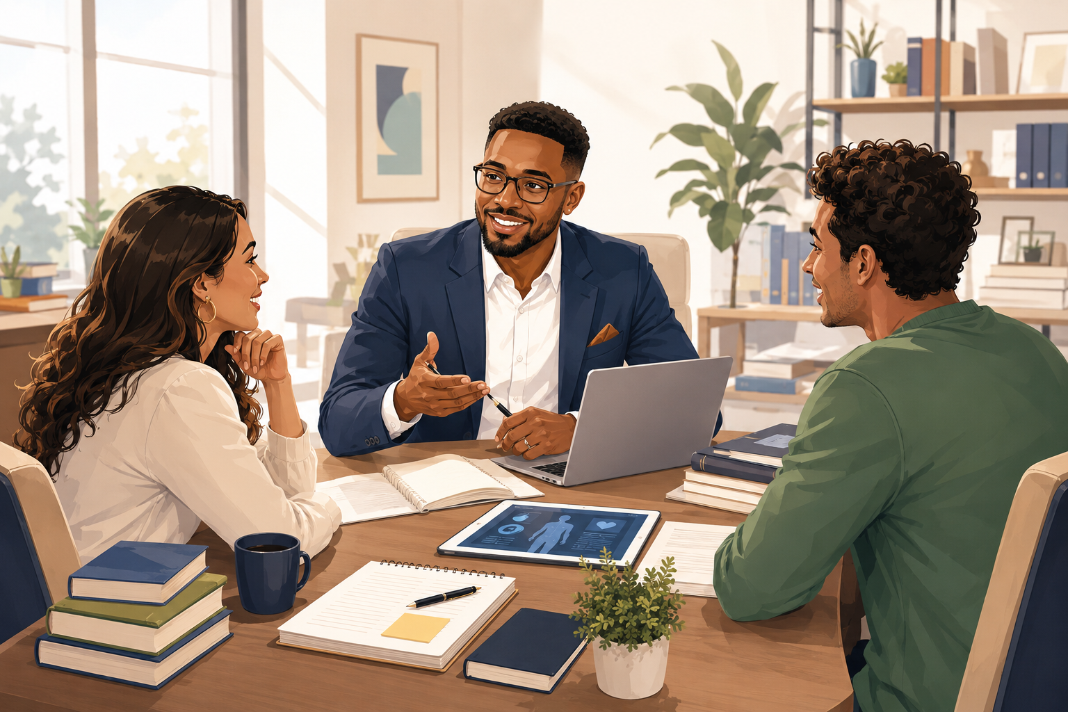 Text-free multiracial cartoon illustration of a professional consulting session for writing, research, publishing and digital health strategy
