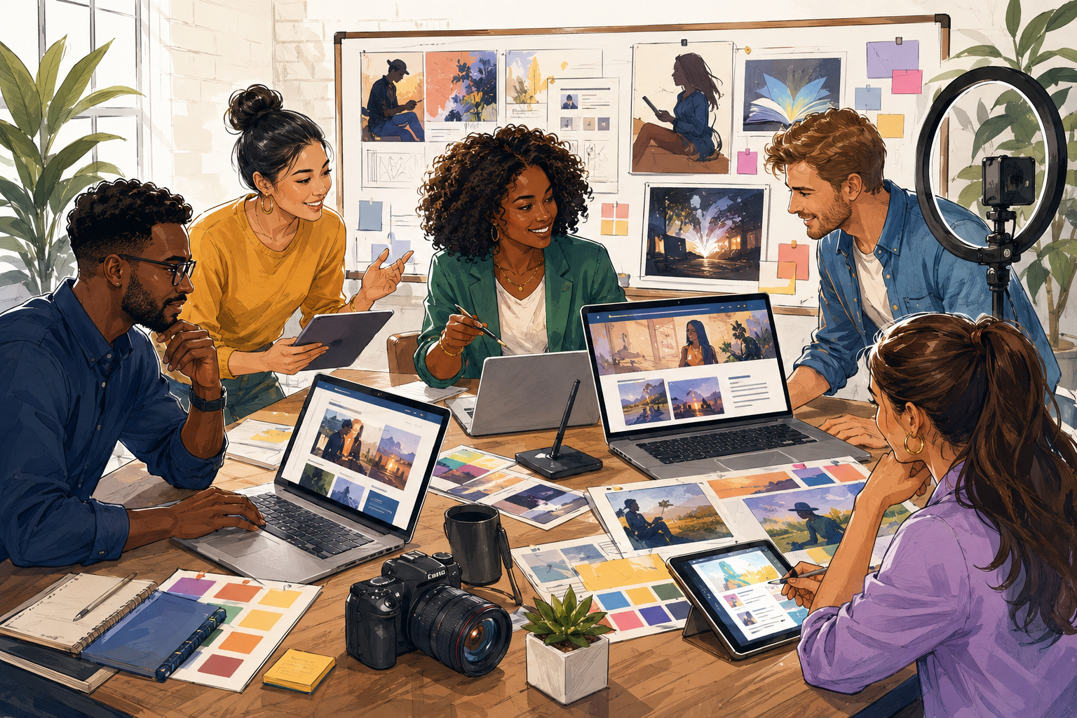 Text-free multiracial cartoon illustration of an author website and content marketing creative studio