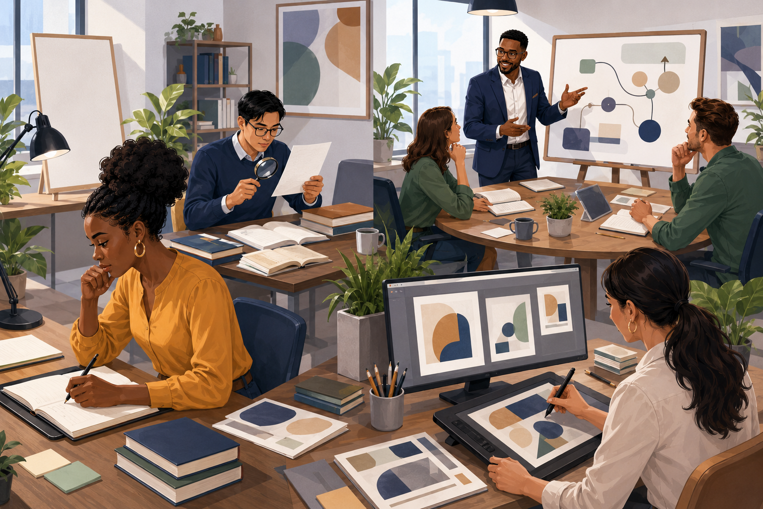 Multiracial colored sketch-cartoon of author website, book sales pages and content marketing graphics