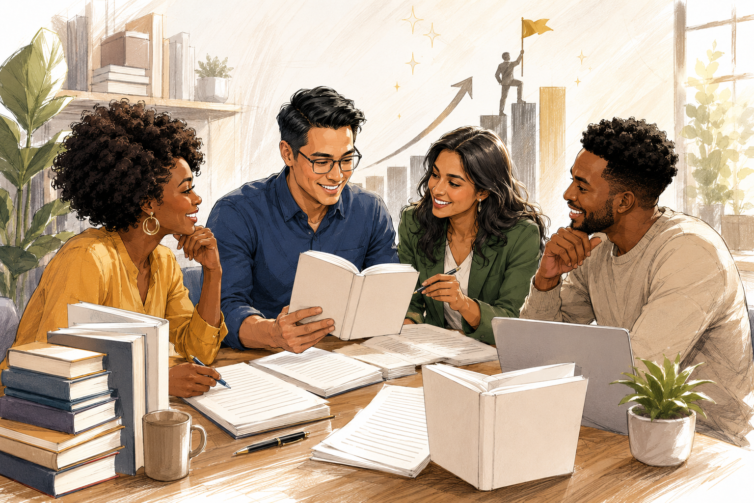 Text-free multiracial cartoon illustration of authors collaborating on manuscript development, publishing and book strategy